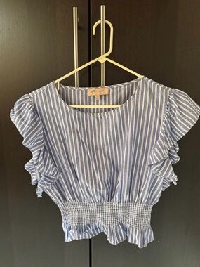 Philosophy Blue and White Vertical Stripe Top with Smocked Detail